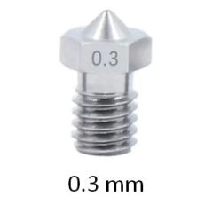 E3D printer nozzle  0.3 mm diameter stainless steel it has a 6mm outer thread diameter and is 12.0mm long
